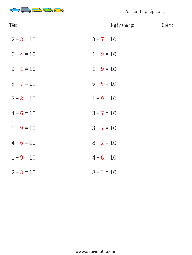 (20) Thực hiện 10 phép cộng Bảng tính toán học 1 Câu hỏi, câu trả lời