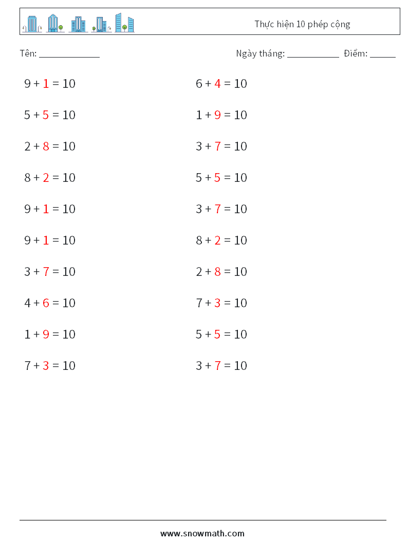 (20) Thực hiện 10 phép cộng Bảng tính toán học 3 Câu hỏi, câu trả lời