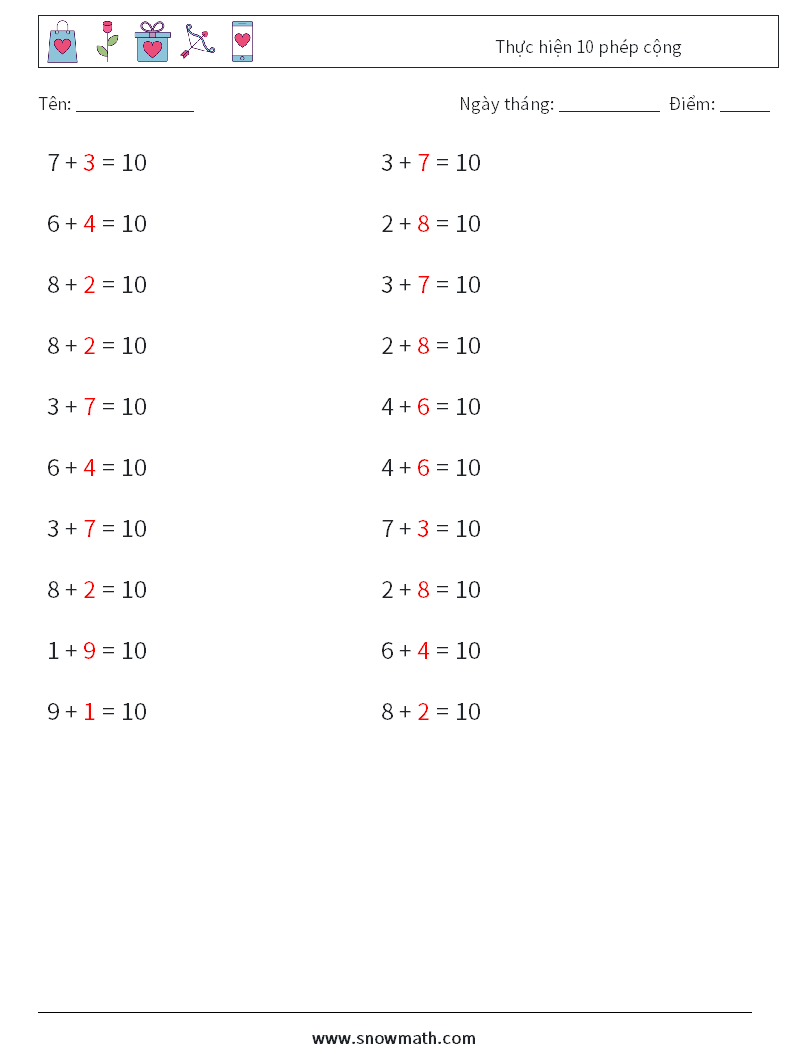 (20) Thực hiện 10 phép cộng Bảng tính toán học 4 Câu hỏi, câu trả lời