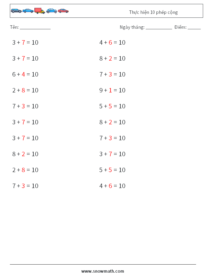 (20) Thực hiện 10 phép cộng Bảng tính toán học 5 Câu hỏi, câu trả lời