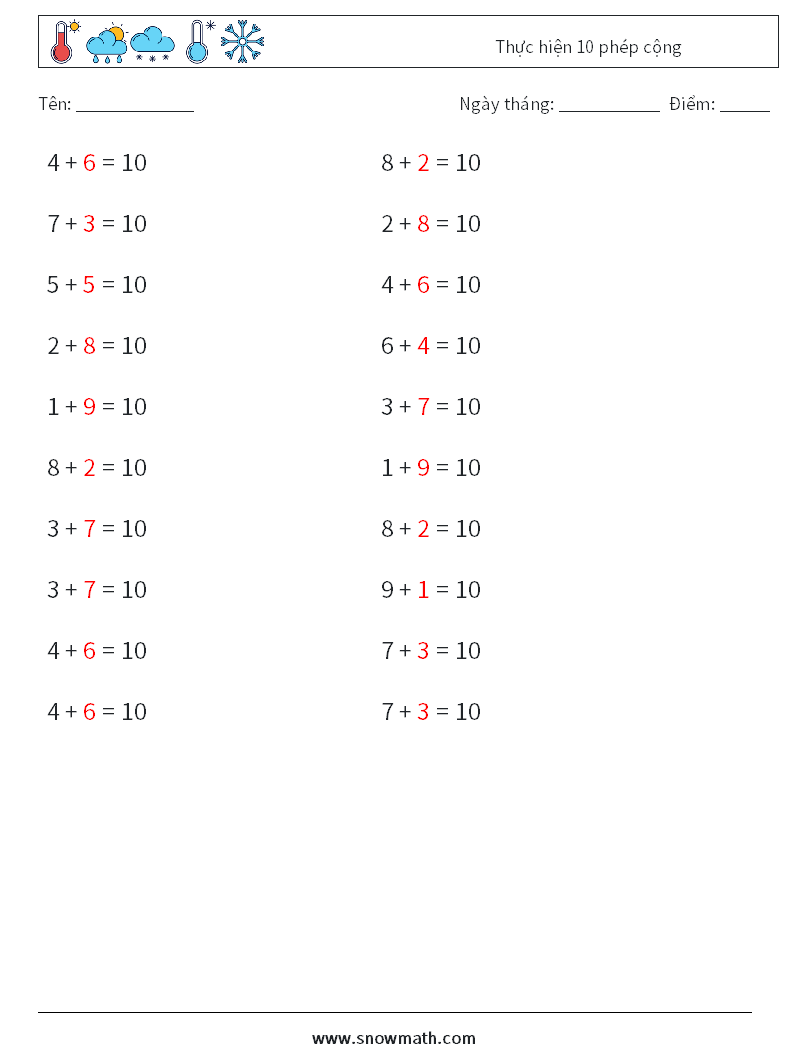 (20) Thực hiện 10 phép cộng Bảng tính toán học 6 Câu hỏi, câu trả lời