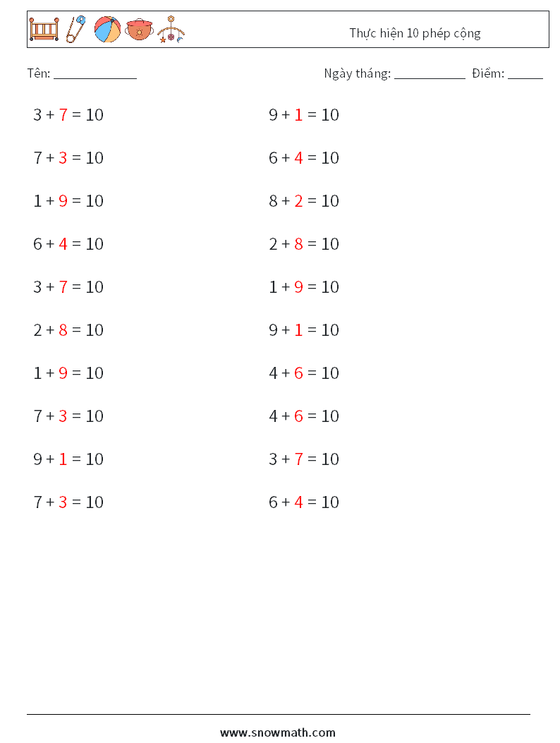 (20) Thực hiện 10 phép cộng Bảng tính toán học 8 Câu hỏi, câu trả lời