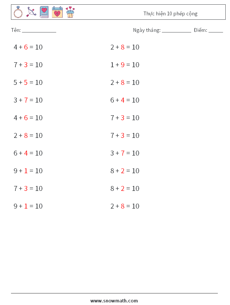 (20) Thực hiện 10 phép cộng Bảng tính toán học 9 Câu hỏi, câu trả lời