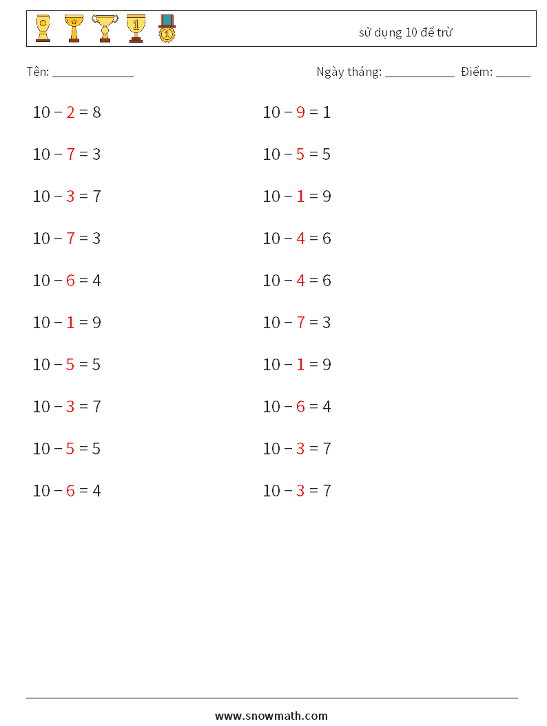 (20) sử dụng 10 để trừ Bảng tính toán học 1 Câu hỏi, câu trả lời