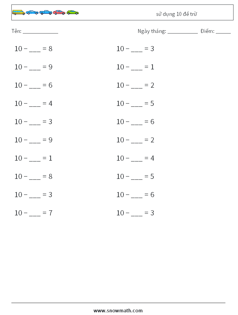 (20) sử dụng 10 để trừ Bảng tính toán học 2