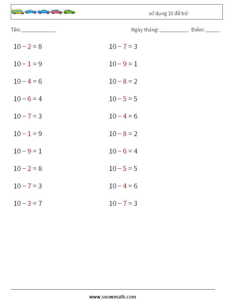 (20) sử dụng 10 để trừ Bảng tính toán học 2 Câu hỏi, câu trả lời