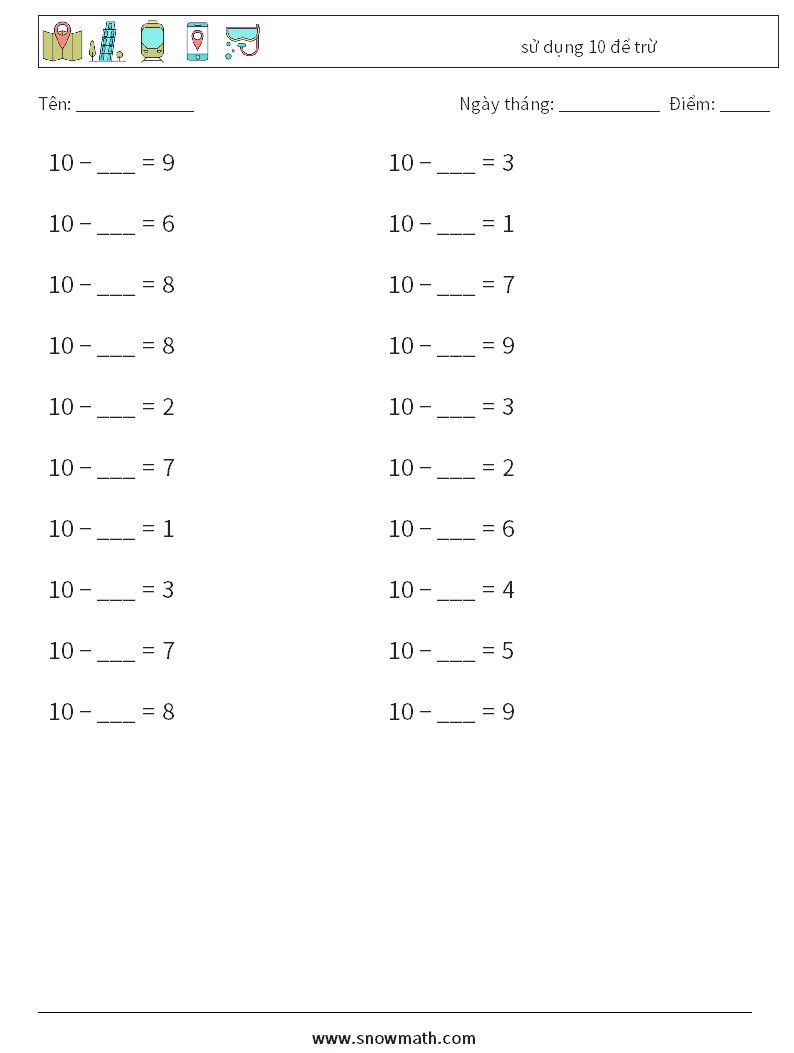 (20) sử dụng 10 để trừ Bảng tính toán học 3