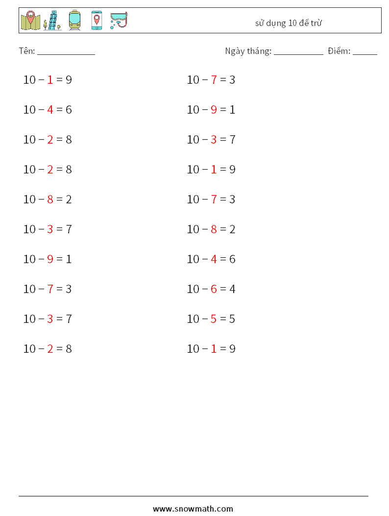 (20) sử dụng 10 để trừ Bảng tính toán học 3 Câu hỏi, câu trả lời