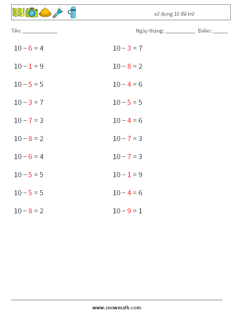 (20) sử dụng 10 để trừ Bảng tính toán học 4 Câu hỏi, câu trả lời