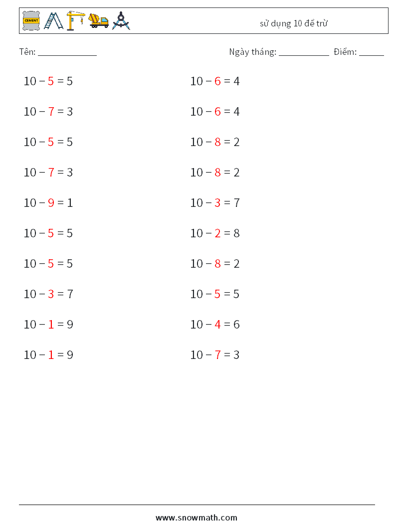 (20) sử dụng 10 để trừ Bảng tính toán học 5 Câu hỏi, câu trả lời