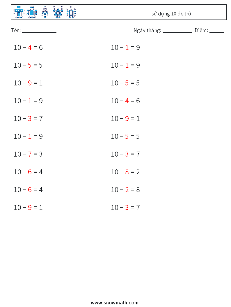 (20) sử dụng 10 để trừ Bảng tính toán học 7 Câu hỏi, câu trả lời