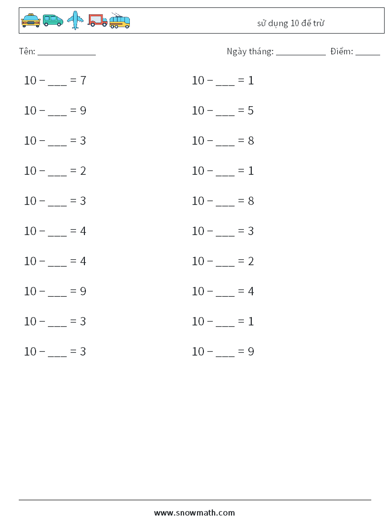 (20) sử dụng 10 để trừ Bảng tính toán học 8