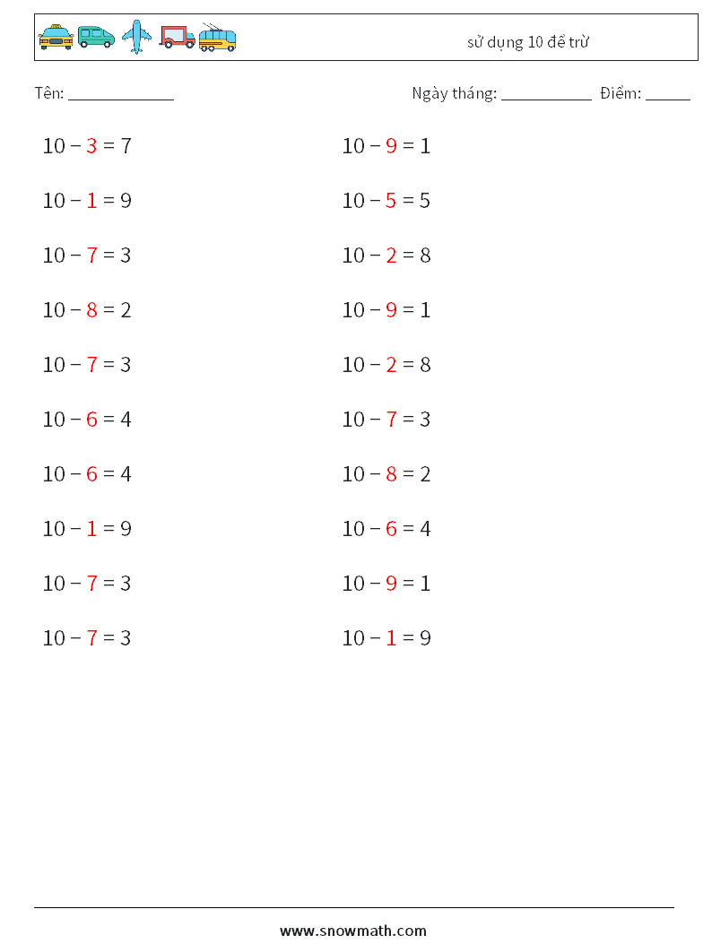 (20) sử dụng 10 để trừ Bảng tính toán học 8 Câu hỏi, câu trả lời
