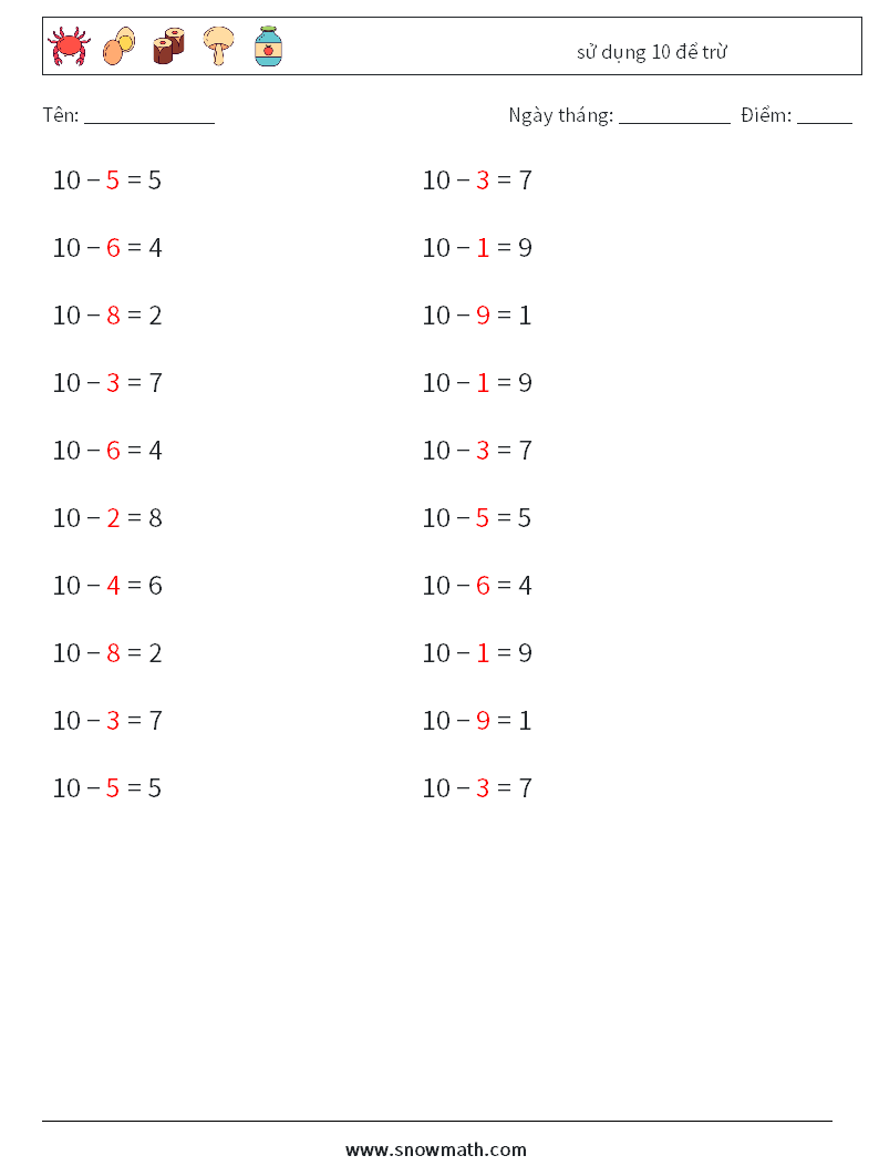 (20) sử dụng 10 để trừ Bảng tính toán học 9 Câu hỏi, câu trả lời