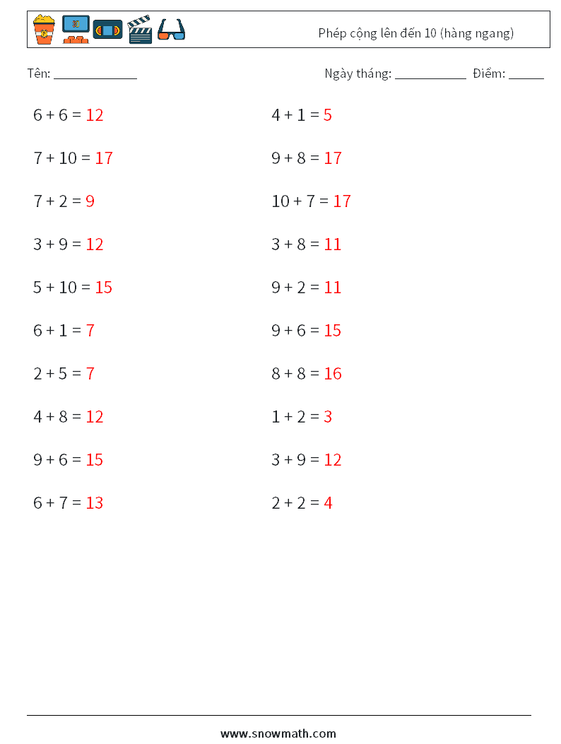 (20) Phép cộng lên đến 10 (hàng ngang) Bảng tính toán học 2 Câu hỏi, câu trả lời