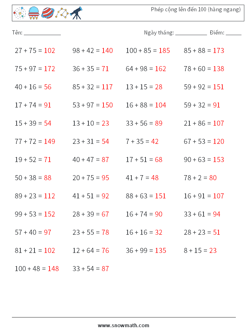 (50) Phép cộng lên đến 100 (hàng ngang) Bảng tính toán học 1 Câu hỏi, câu trả lời