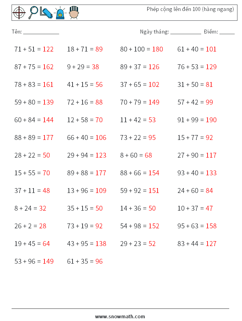 (50) Phép cộng lên đến 100 (hàng ngang) Bảng tính toán học 2 Câu hỏi, câu trả lời