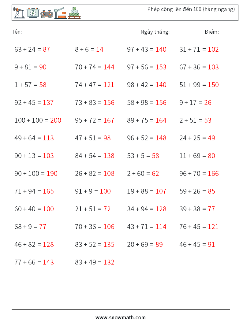 (50) Phép cộng lên đến 100 (hàng ngang) Bảng tính toán học 3 Câu hỏi, câu trả lời