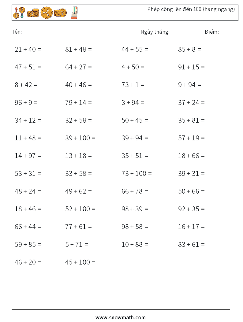 (50) Phép cộng lên đến 100 (hàng ngang) Bảng tính toán học 4