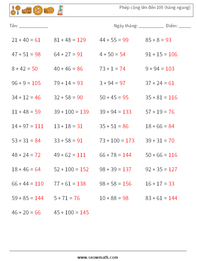 (50) Phép cộng lên đến 100 (hàng ngang) Bảng tính toán học 4 Câu hỏi, câu trả lời