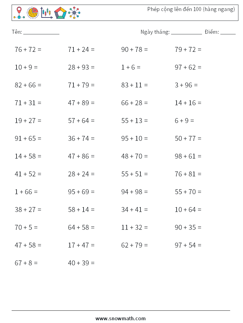 (50) Phép cộng lên đến 100 (hàng ngang) Bảng tính toán học 5