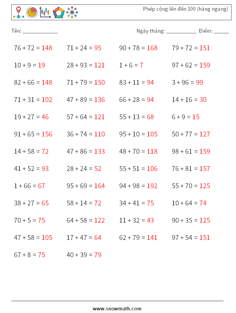 (50) Phép cộng lên đến 100 (hàng ngang) Bảng tính toán học 5 Câu hỏi, câu trả lời