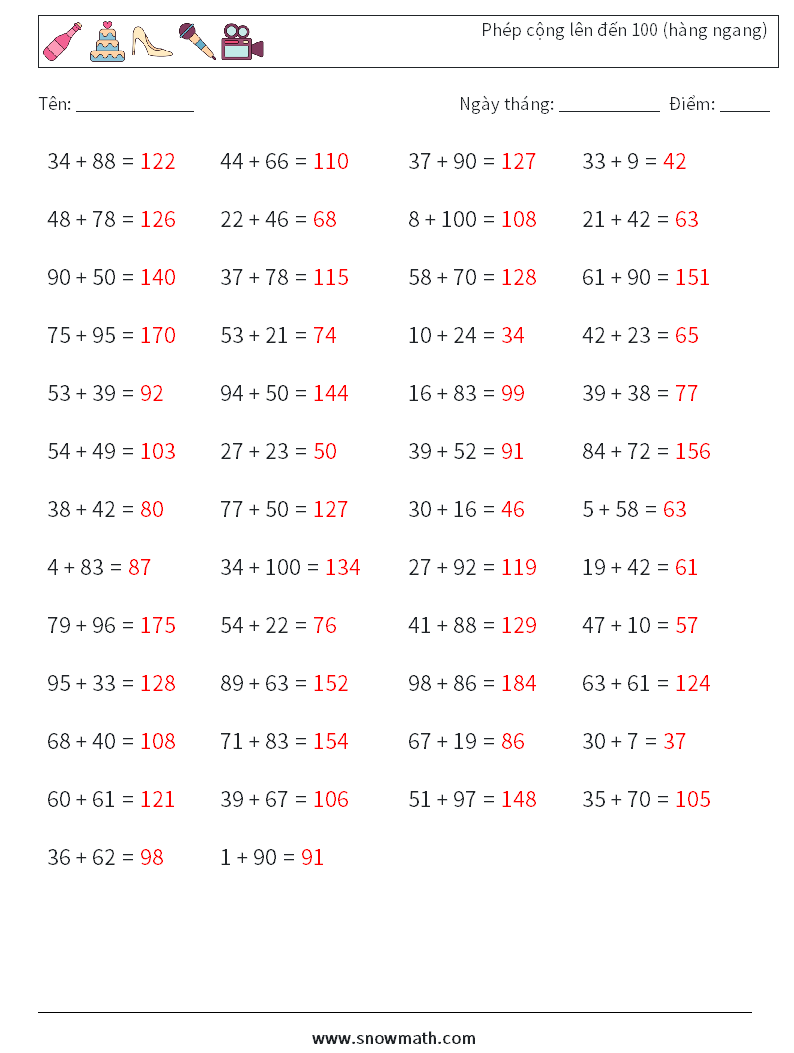 (50) Phép cộng lên đến 100 (hàng ngang) Bảng tính toán học 6 Câu hỏi, câu trả lời