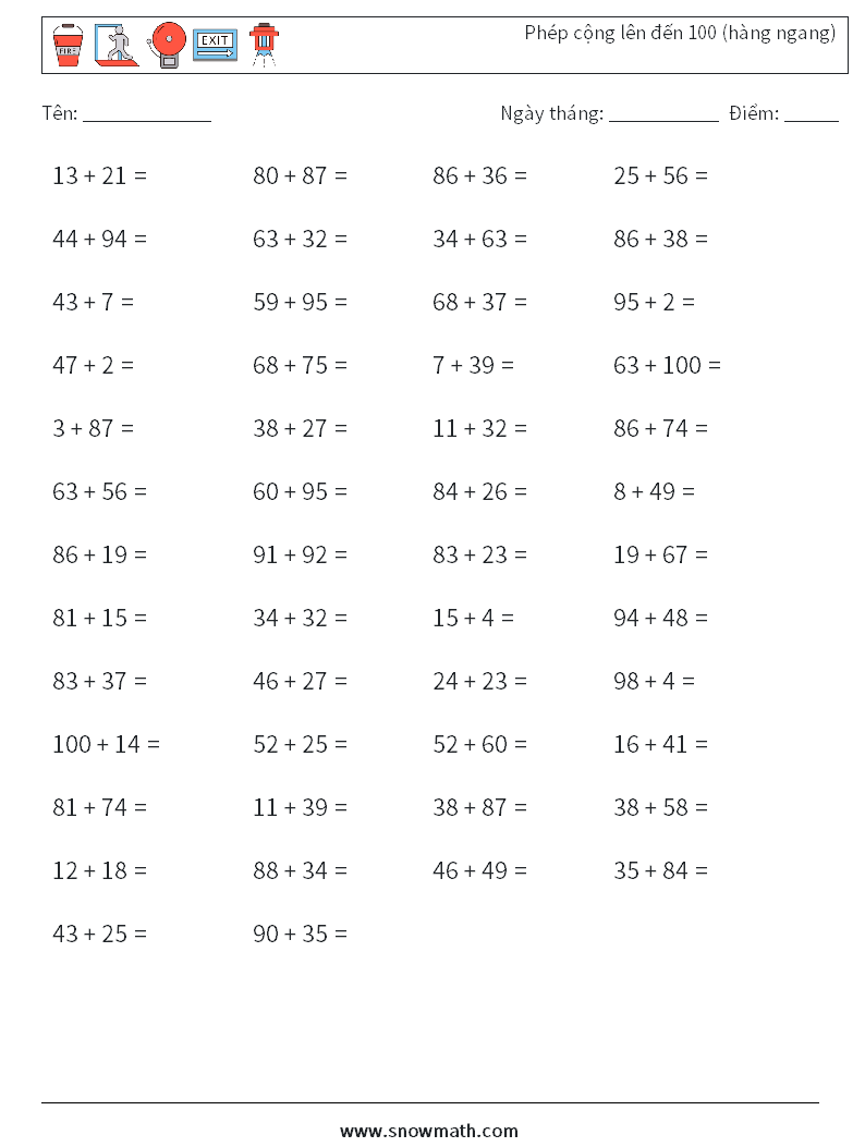 (50) Phép cộng lên đến 100 (hàng ngang) Bảng tính toán học 7