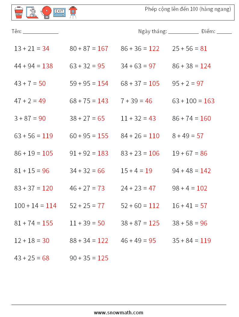 (50) Phép cộng lên đến 100 (hàng ngang) Bảng tính toán học 7 Câu hỏi, câu trả lời