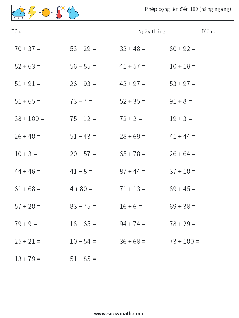 (50) Phép cộng lên đến 100 (hàng ngang) Bảng tính toán học 8