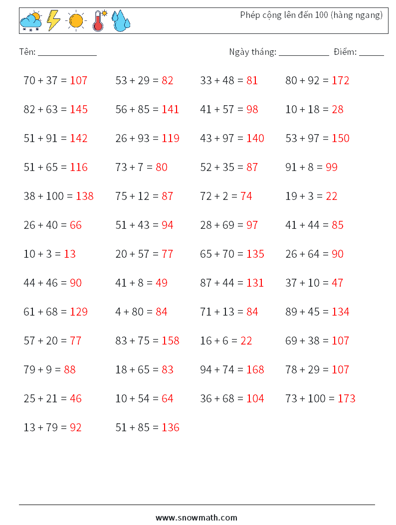 (50) Phép cộng lên đến 100 (hàng ngang) Bảng tính toán học 8 Câu hỏi, câu trả lời