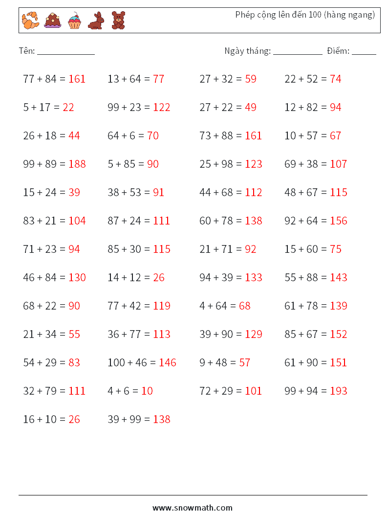 (50) Phép cộng lên đến 100 (hàng ngang) Bảng tính toán học 9 Câu hỏi, câu trả lời