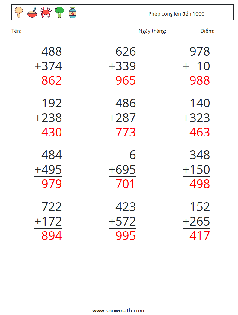 (12) Phép cộng lên đến 1000 Bảng tính toán học 12 Câu hỏi, câu trả lời