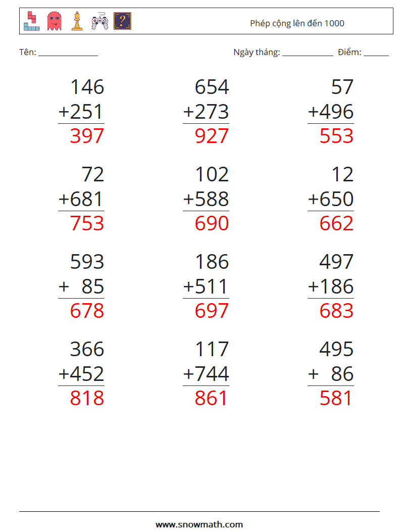 (12) Phép cộng lên đến 1000 Bảng tính toán học 13 Câu hỏi, câu trả lời