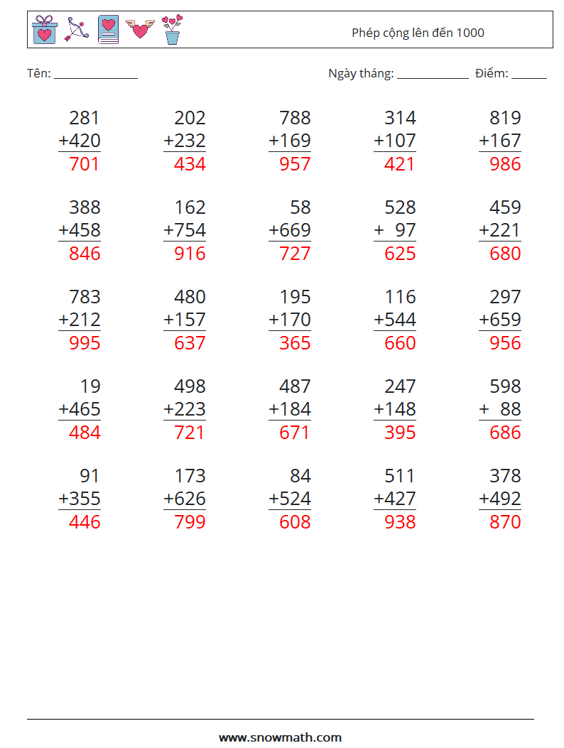 (25) Phép cộng lên đến 1000 Bảng tính toán học 16 Câu hỏi, câu trả lời