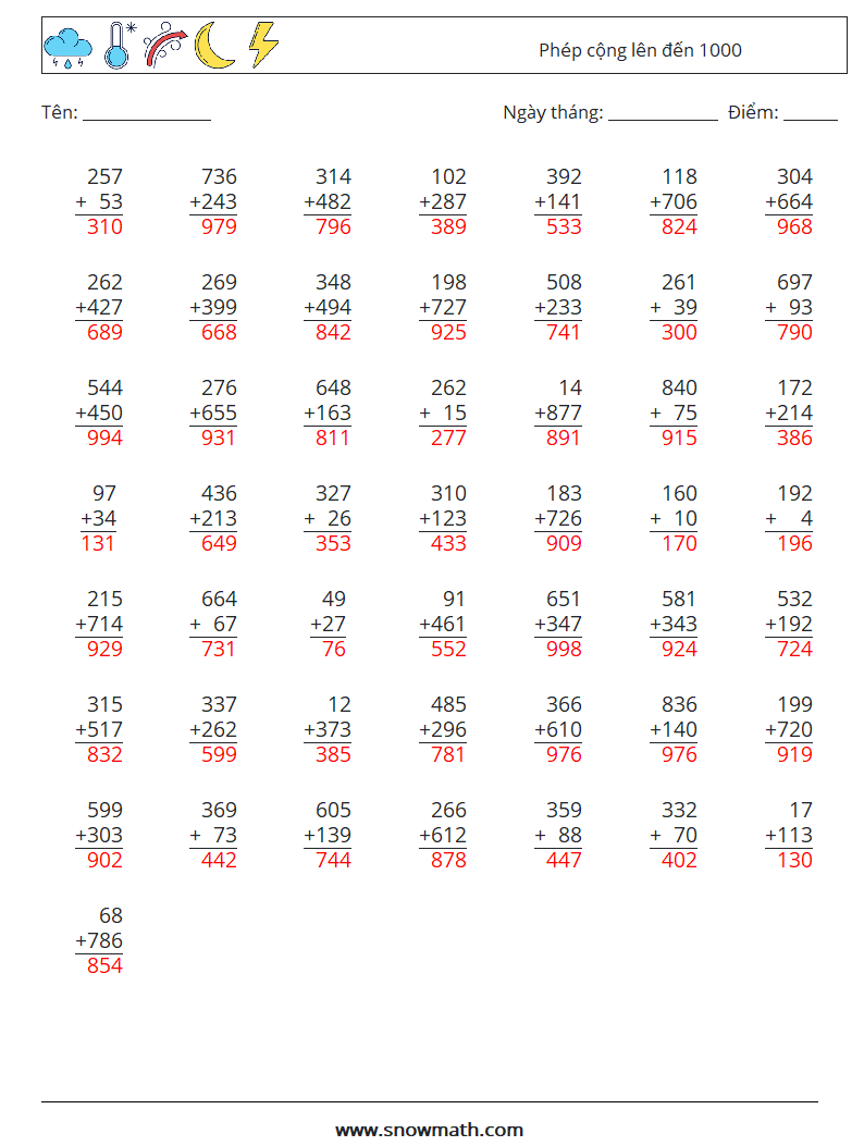 (50) Phép cộng lên đến 1000 Bảng tính toán học 14 Câu hỏi, câu trả lời