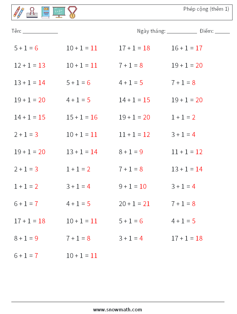 (50) Phép cộng (thêm 1) Bảng tính toán học 1 Câu hỏi, câu trả lời