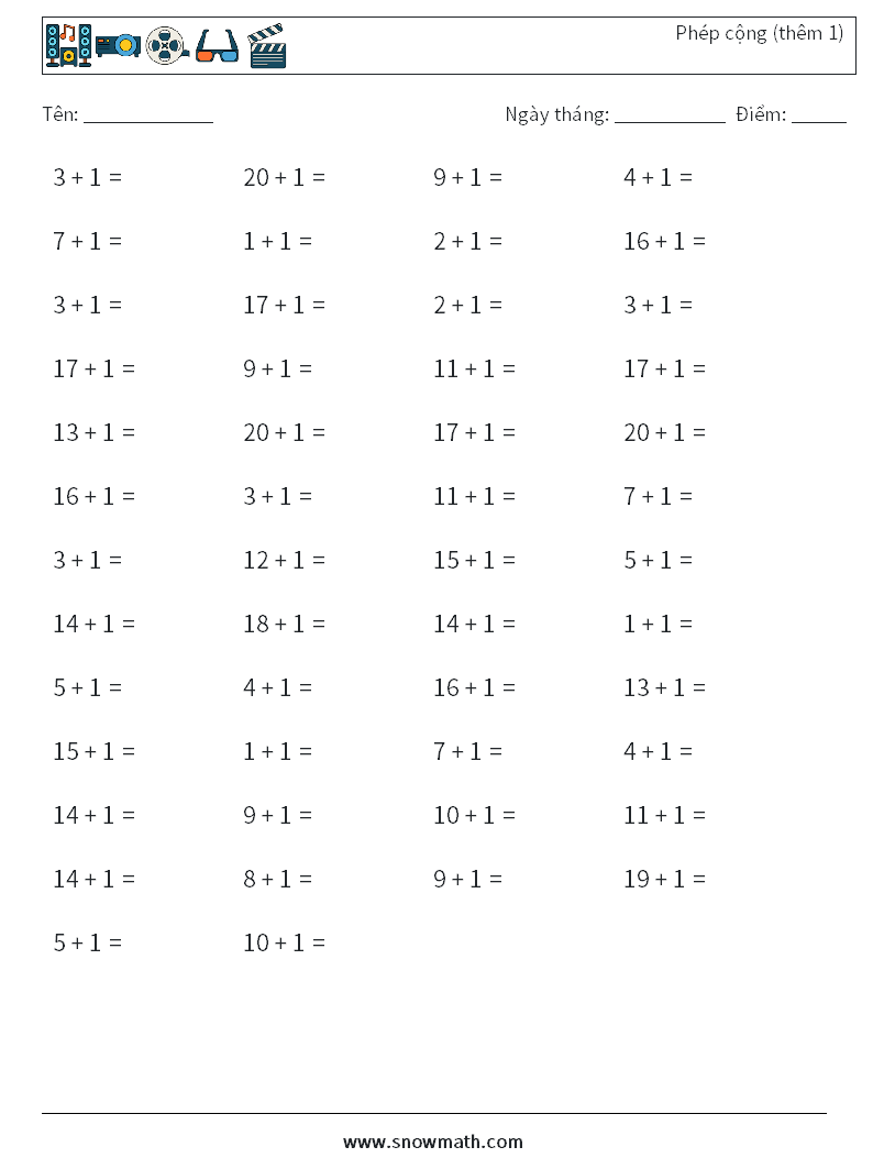 (50) Phép cộng (thêm 1) Bảng tính toán học 2