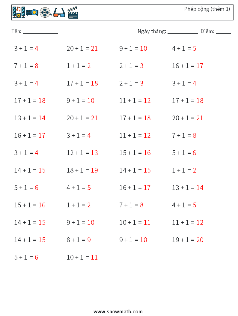 (50) Phép cộng (thêm 1) Bảng tính toán học 2 Câu hỏi, câu trả lời