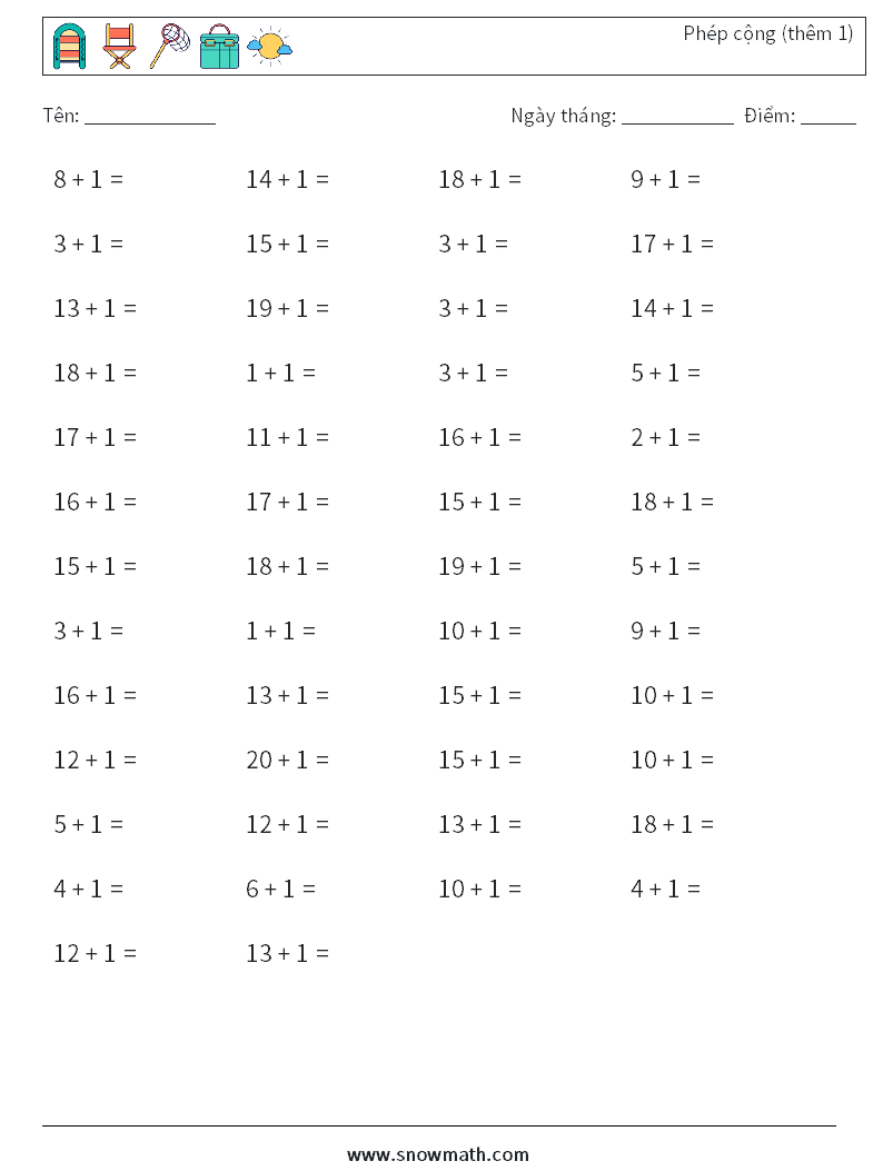 (50) Phép cộng (thêm 1) Bảng tính toán học 3