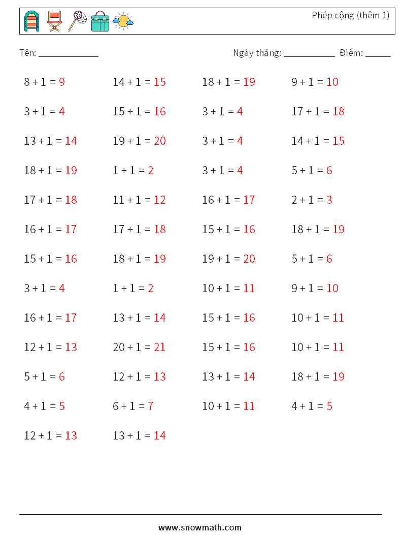 (50) Phép cộng (thêm 1) Bảng tính toán học 3 Câu hỏi, câu trả lời