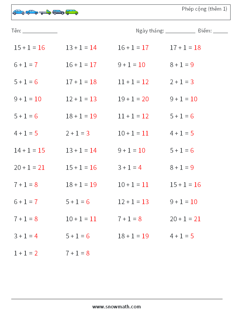 (50) Phép cộng (thêm 1) Bảng tính toán học 4 Câu hỏi, câu trả lời