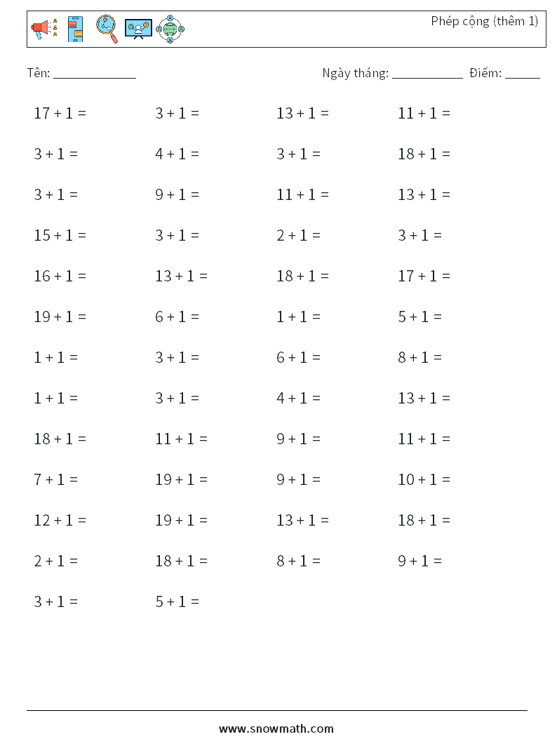 (50) Phép cộng (thêm 1) Bảng tính toán học 5