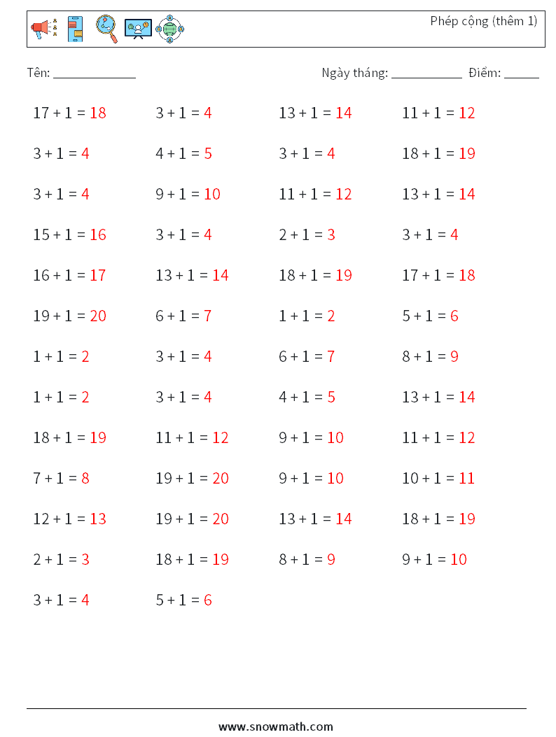 (50) Phép cộng (thêm 1) Bảng tính toán học 5 Câu hỏi, câu trả lời