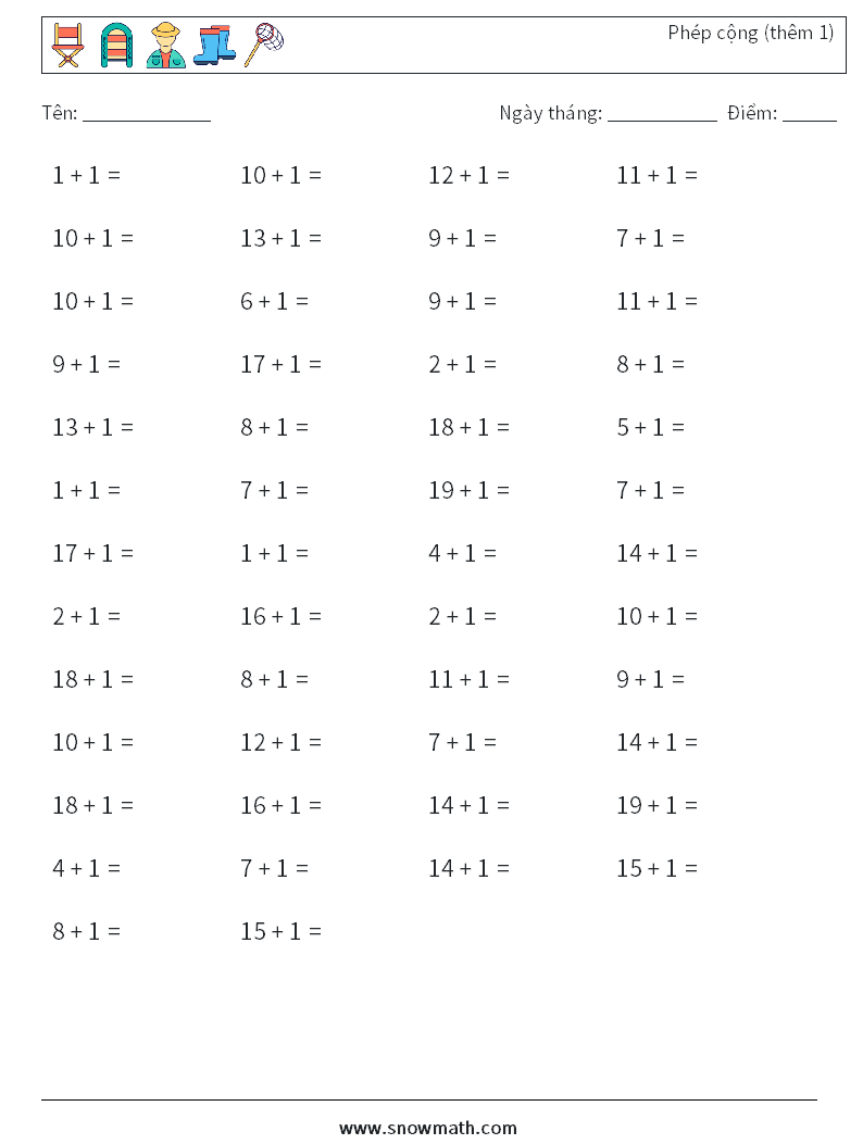 (50) Phép cộng (thêm 1) Bảng tính toán học 7