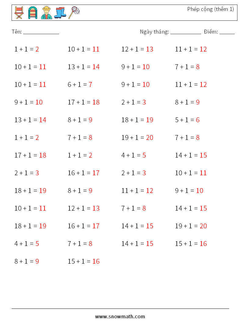(50) Phép cộng (thêm 1) Bảng tính toán học 7 Câu hỏi, câu trả lời