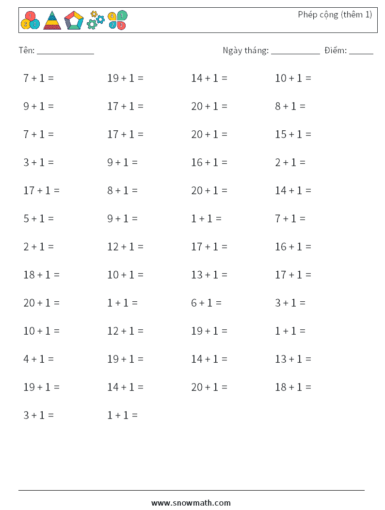 (50) Phép cộng (thêm 1) Bảng tính toán học 8
