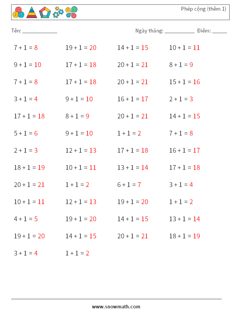 (50) Phép cộng (thêm 1) Bảng tính toán học 8 Câu hỏi, câu trả lời