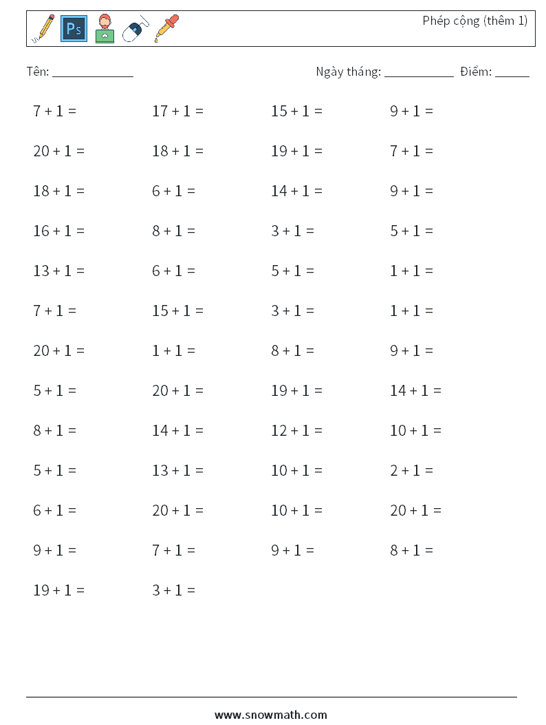(50) Phép cộng (thêm 1) Bảng tính toán học 9