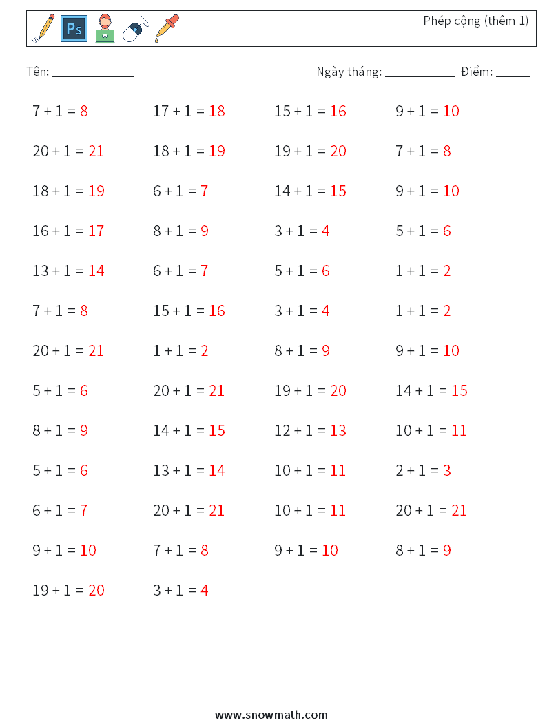 (50) Phép cộng (thêm 1) Bảng tính toán học 9 Câu hỏi, câu trả lời